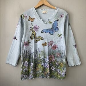Cactus Butterfly Floral Knit Top Size Large Blue Embellished Botanical Garden